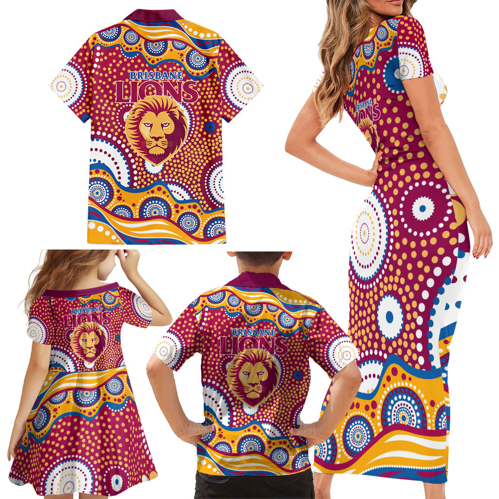Brisbane Lions Family Matching Short Sleeve Bodycon Dress and Hawaiian Shirt Aboriginal Dot Pattern - Football Mascot Heritage Pride