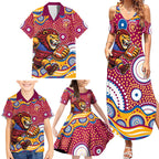 Brisbane Lions Family Matching Summer Maxi Dress and Hawaiian Shirt Aboriginal Dot Pattern - Football Mascot Heritage Pride