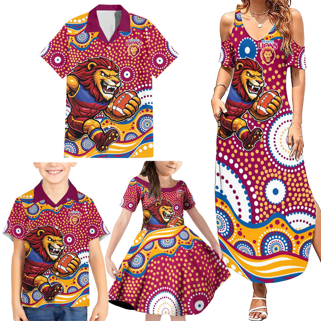 Brisbane Lions Family Matching Summer Maxi Dress and Hawaiian Shirt Aboriginal Dot Pattern - Football Mascot Heritage Pride