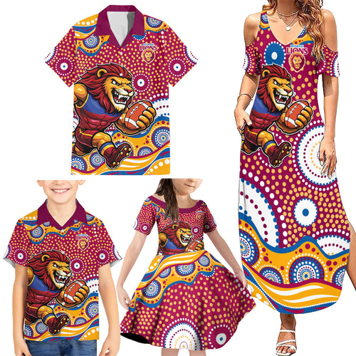 Brisbane Lions Family Matching Summer Maxi Dress and Hawaiian Shirt Aboriginal Dot Pattern - Football Mascot Heritage Pride