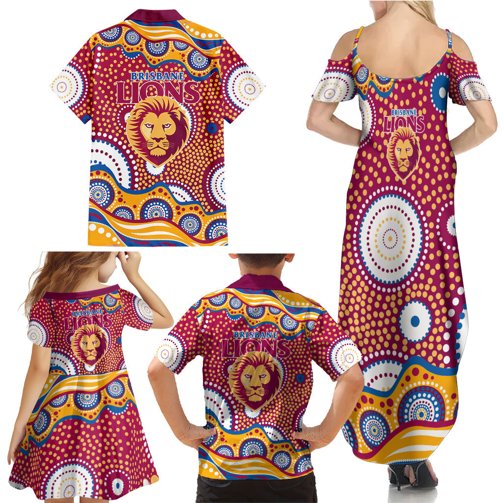 Brisbane Lions Family Matching Summer Maxi Dress and Hawaiian Shirt Aboriginal Dot Pattern - Football Mascot Heritage Pride