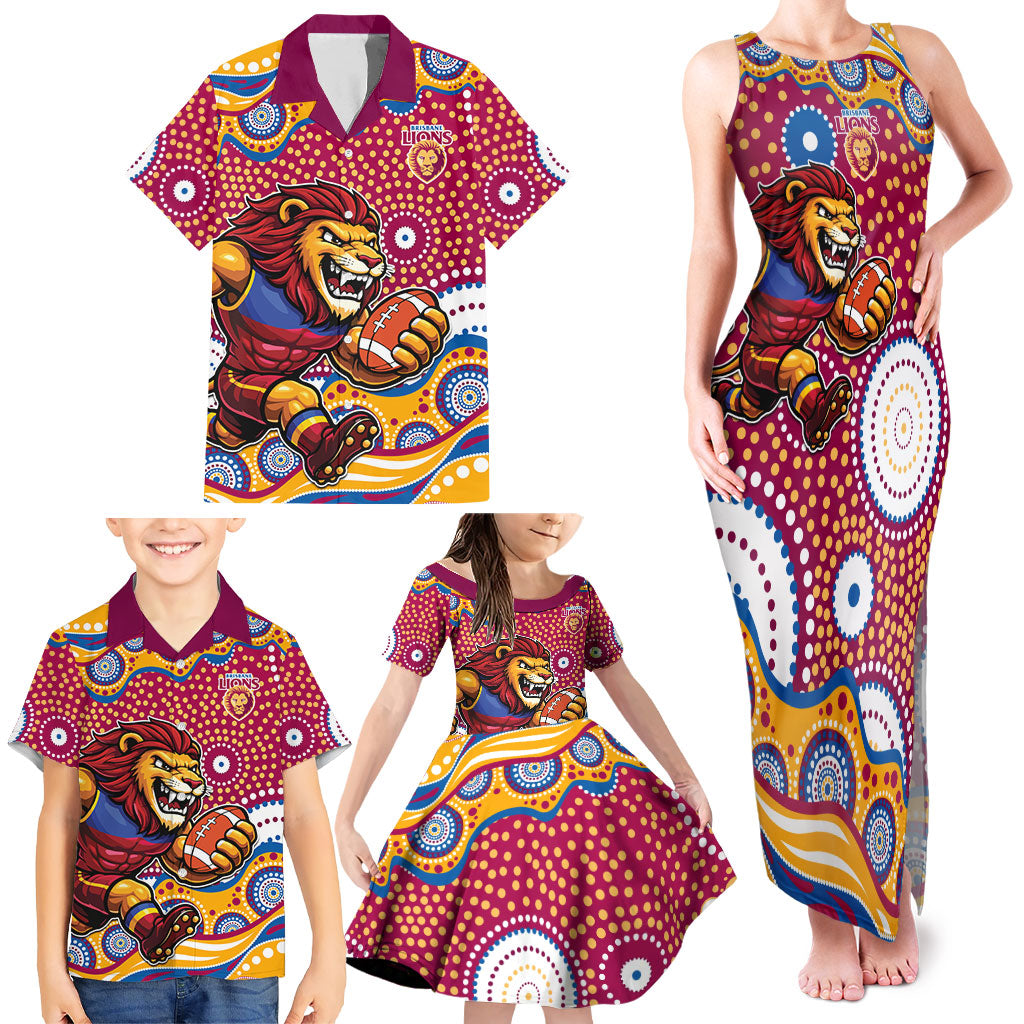 Brisbane Lions Family Matching Tank Maxi Dress and Hawaiian Shirt Aboriginal Dot Pattern - Football Mascot Heritage Pride