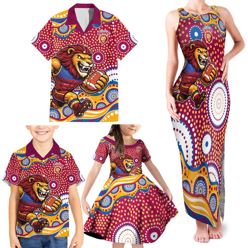 Brisbane Lions Family Matching Tank Maxi Dress and Hawaiian Shirt Aboriginal Dot Pattern - Football Mascot Heritage Pride