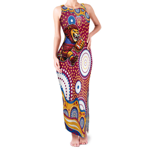 Brisbane Lions Family Matching Tank Maxi Dress and Hawaiian Shirt Aboriginal Dot Pattern - Football Mascot Heritage Pride