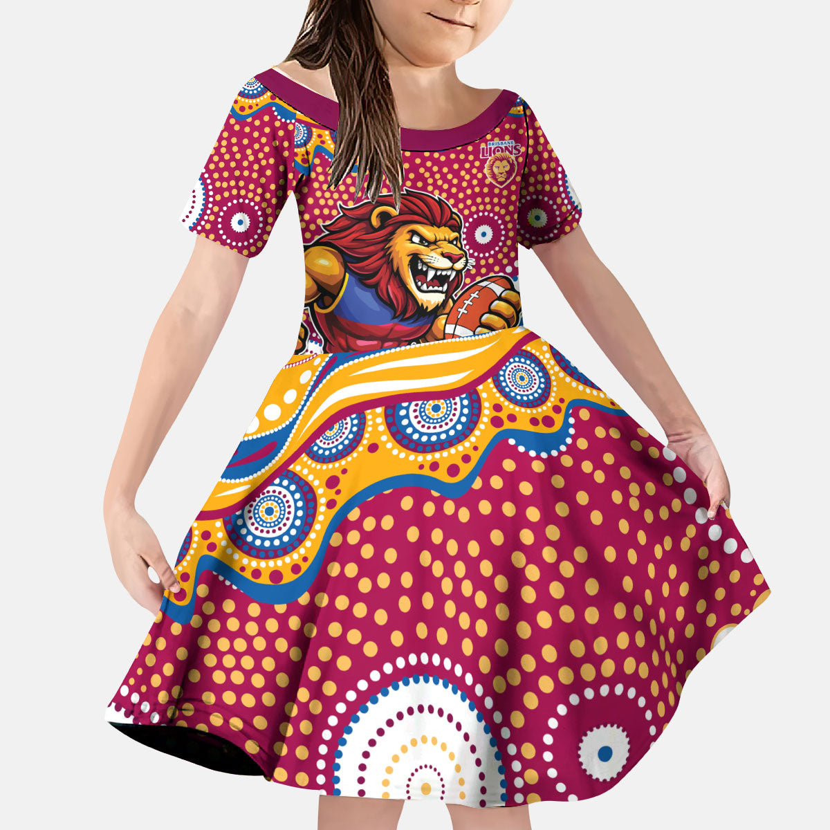 Brisbane Lions Kid Short Sleeve Dress Aboriginal Dot Pattern - Football Mascot Heritage Pride