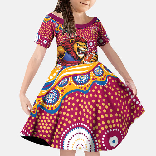 Brisbane Lions Kid Short Sleeve Dress Aboriginal Dot Pattern - Football Mascot Heritage Pride