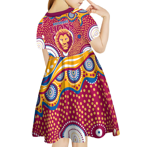 Brisbane Lions Kid Short Sleeve Dress Aboriginal Dot Pattern - Football Mascot Heritage Pride