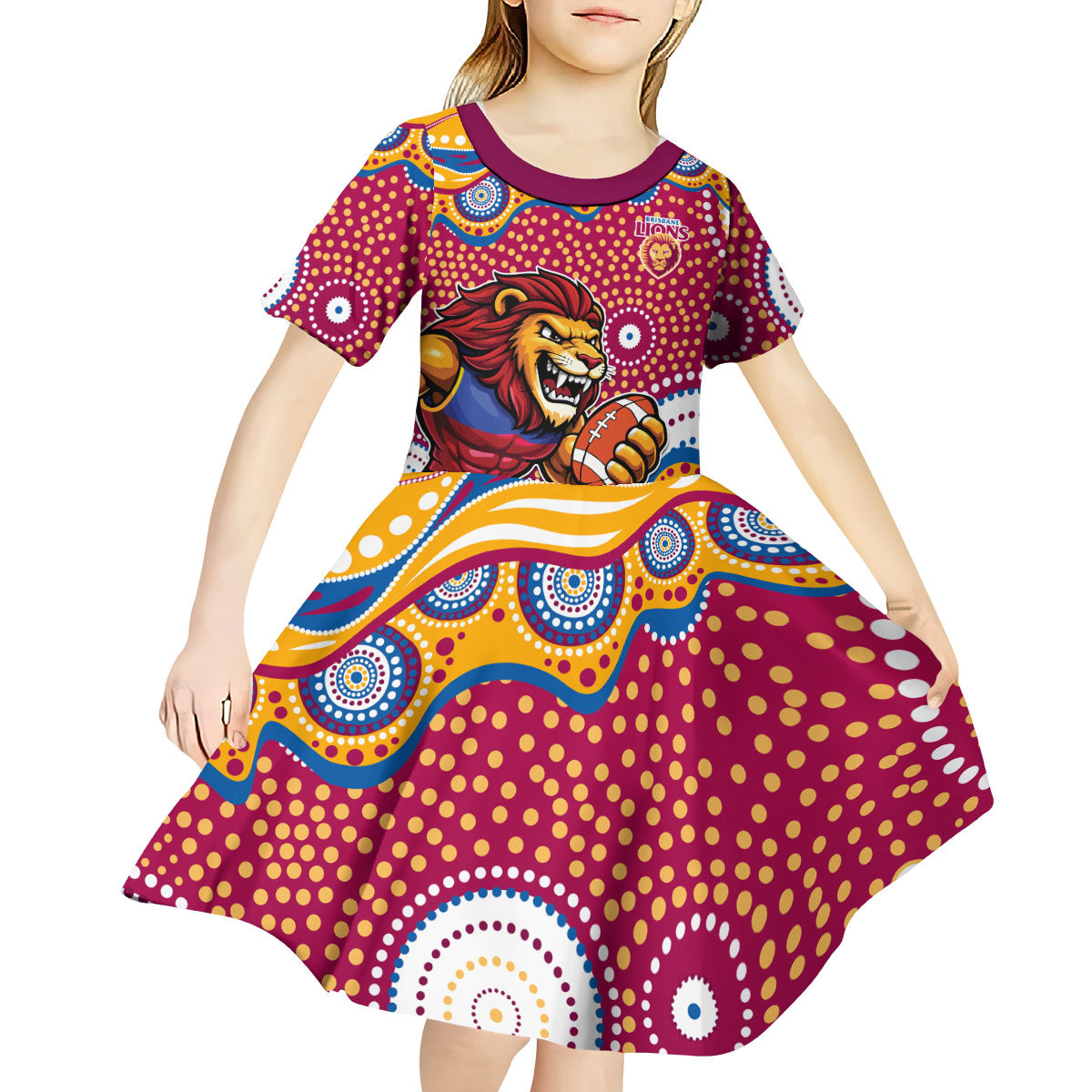 Brisbane Lions Kid Short Sleeve Dress Aboriginal Dot Pattern - Football Mascot Heritage Pride
