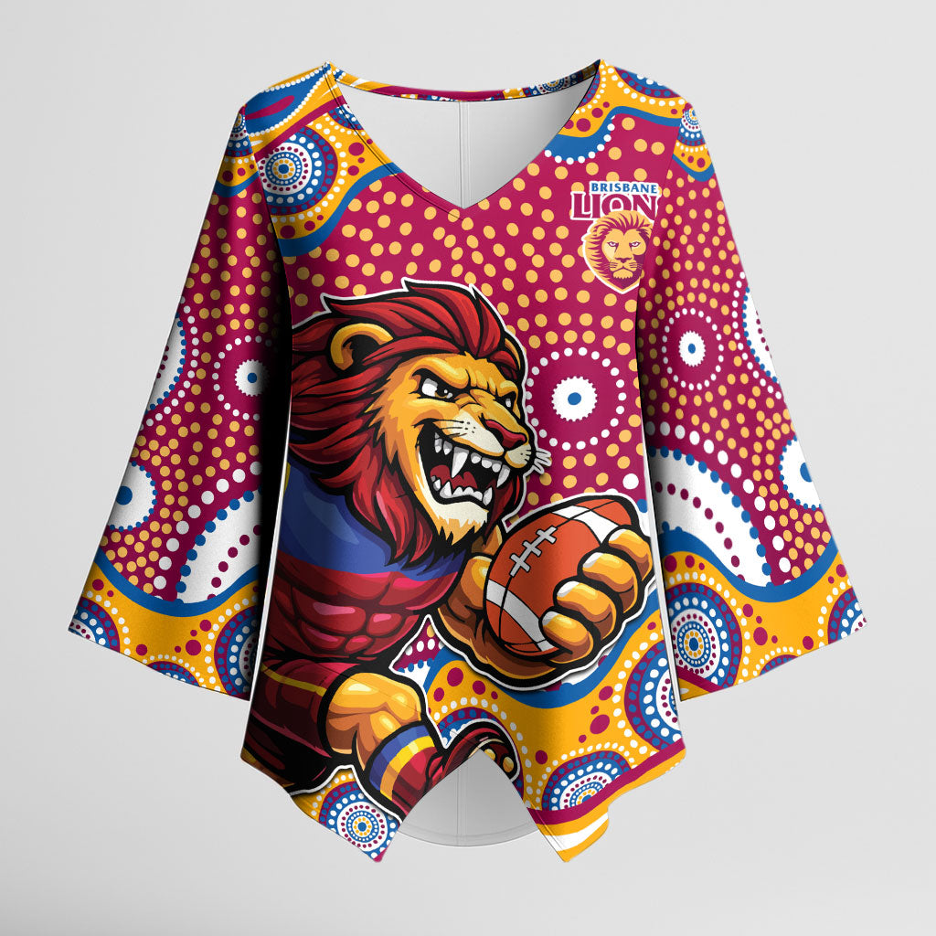Brisbane Lions Kimono Sleeve Blouse Aboriginal Dot Pattern - Football Mascot Heritage Pride