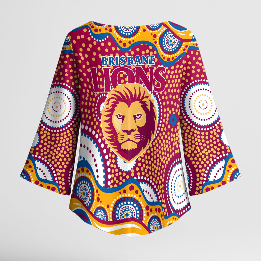 Brisbane Lions Kimono Sleeve Blouse Aboriginal Dot Pattern - Football Mascot Heritage Pride