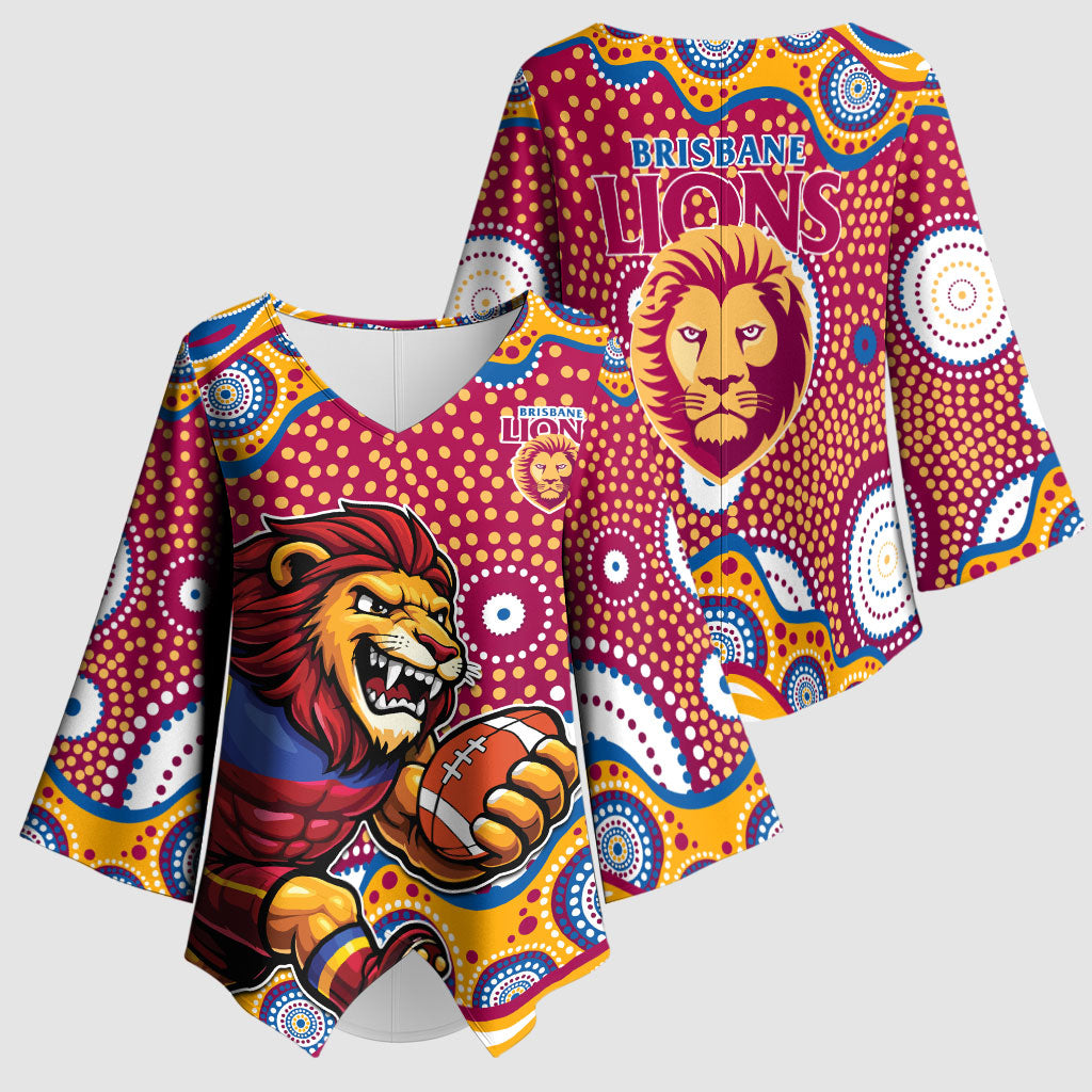 Brisbane Lions Kimono Sleeve Blouse Aboriginal Dot Pattern - Football Mascot Heritage Pride