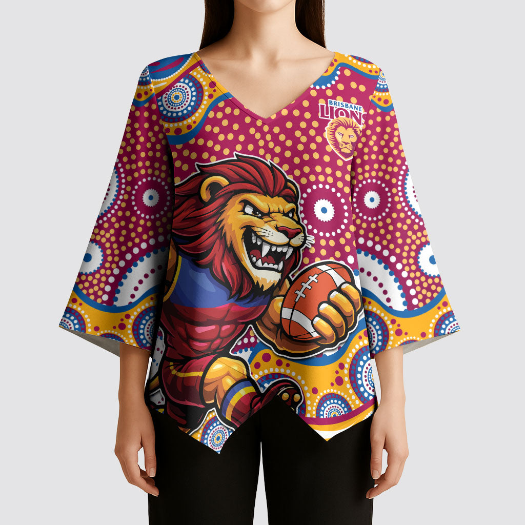 Brisbane Lions Kimono Sleeve Blouse Aboriginal Dot Pattern - Football Mascot Heritage Pride
