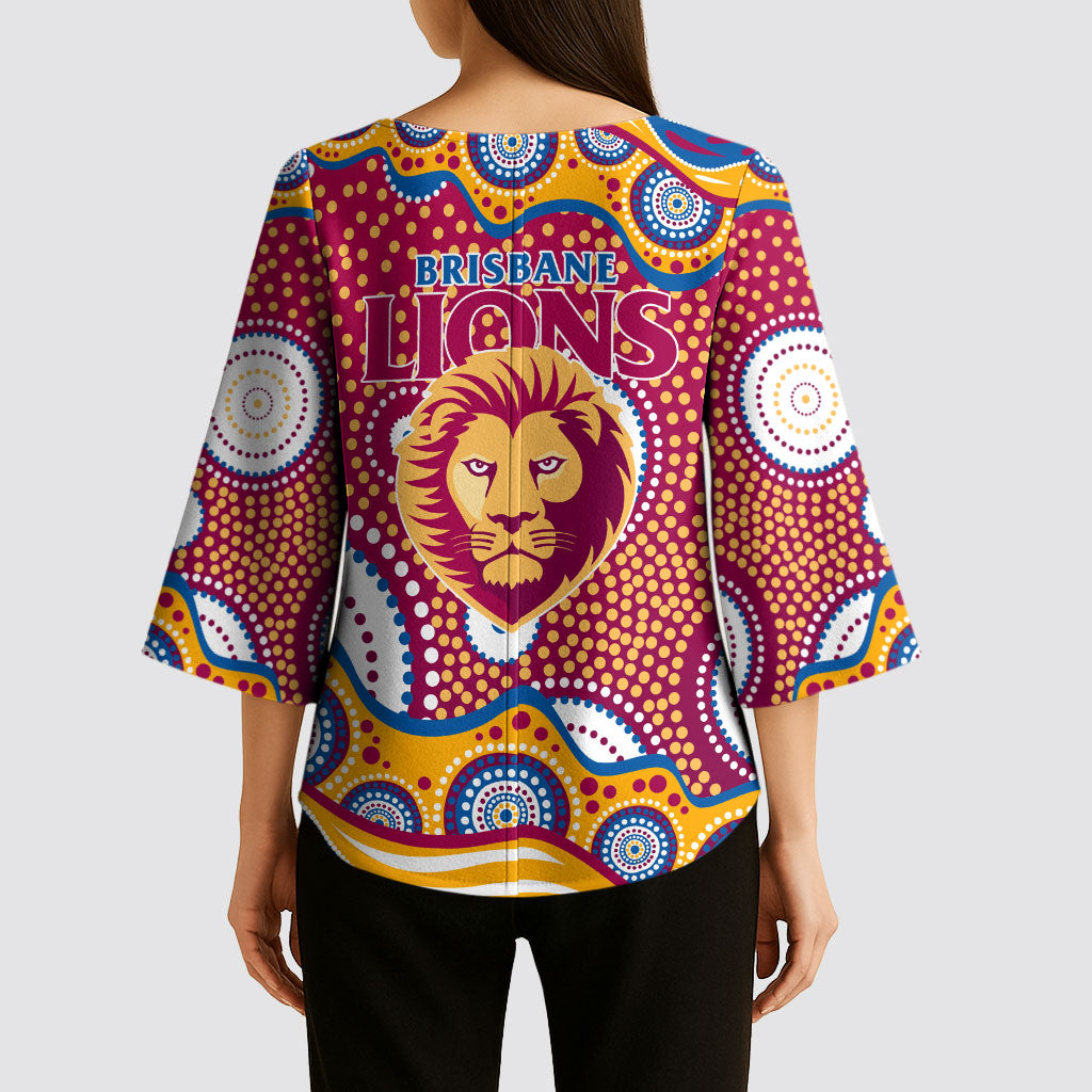 Brisbane Lions Kimono Sleeve Blouse Aboriginal Dot Pattern - Football Mascot Heritage Pride