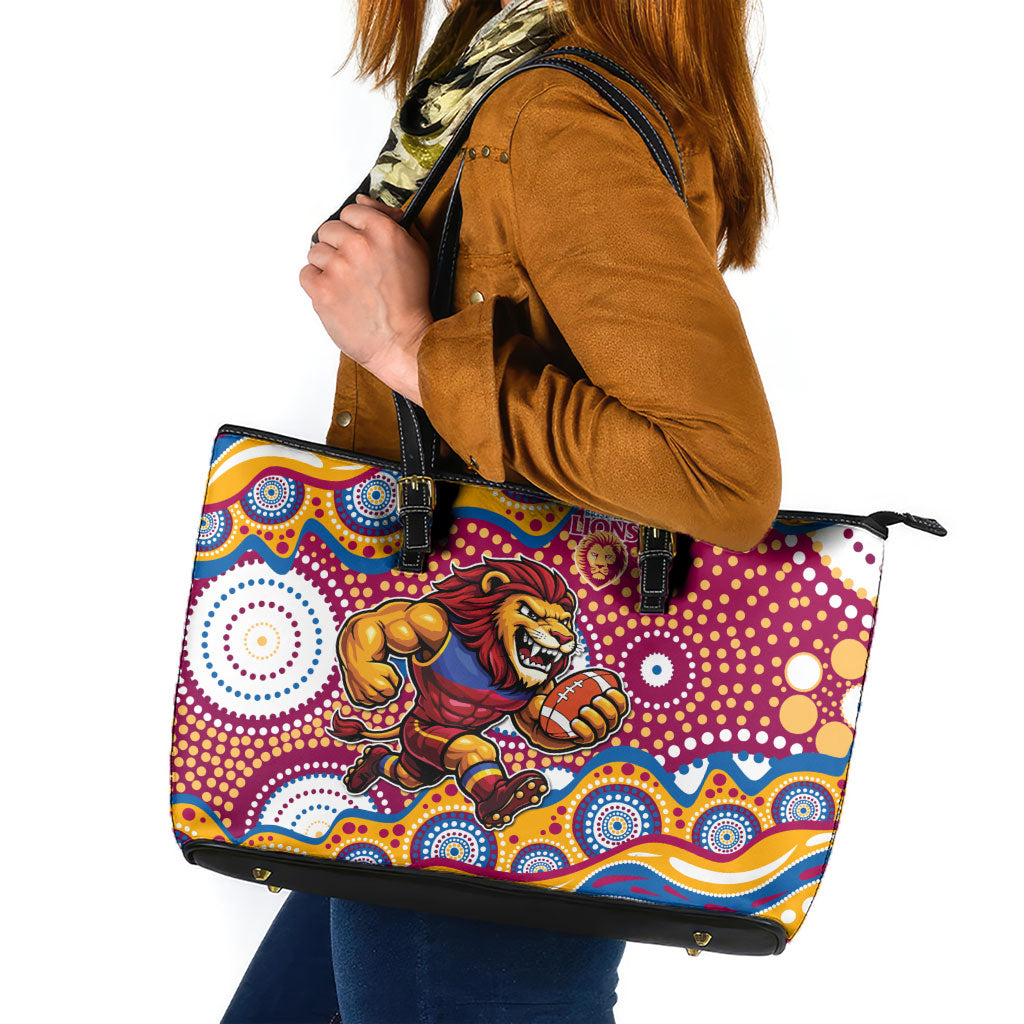 Brisbane Lions Leather Tote Bag Aboriginal Dot Pattern - Football Mascot Heritage Pride