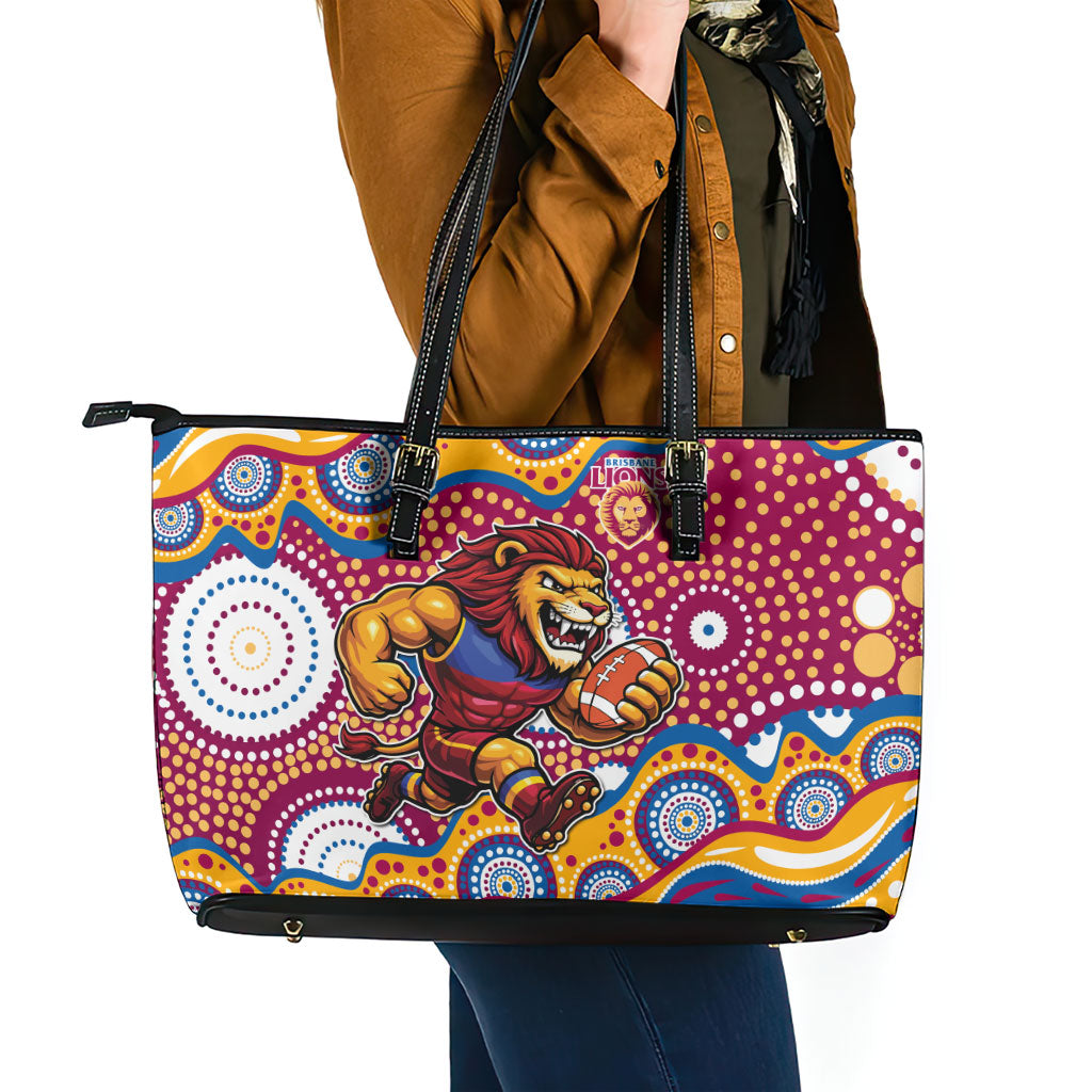 Brisbane Lions Leather Tote Bag Aboriginal Dot Pattern - Football Mascot Heritage Pride