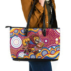 Brisbane Lions Leather Tote Bag Aboriginal Dot Pattern - Football Mascot Heritage Pride