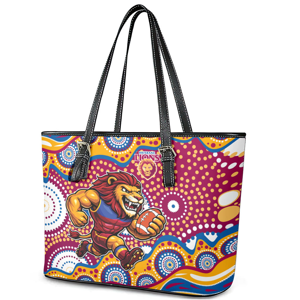 Brisbane Lions Leather Tote Bag Aboriginal Dot Pattern - Football Mascot Heritage Pride
