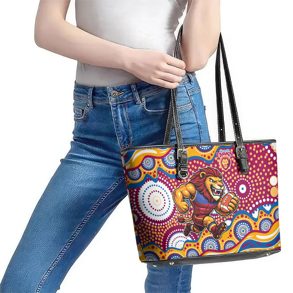 Brisbane Lions Leather Tote Bag Aboriginal Dot Pattern - Football Mascot Heritage Pride