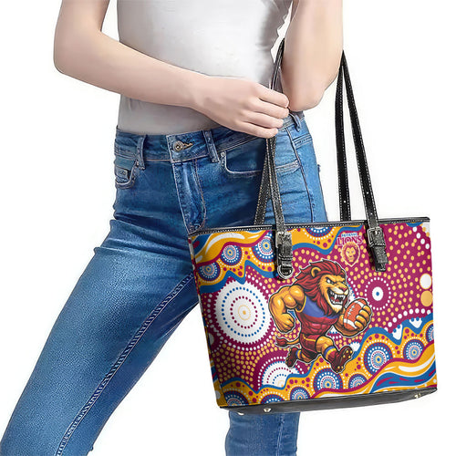 Brisbane Lions Leather Tote Bag Aboriginal Dot Pattern - Football Mascot Heritage Pride