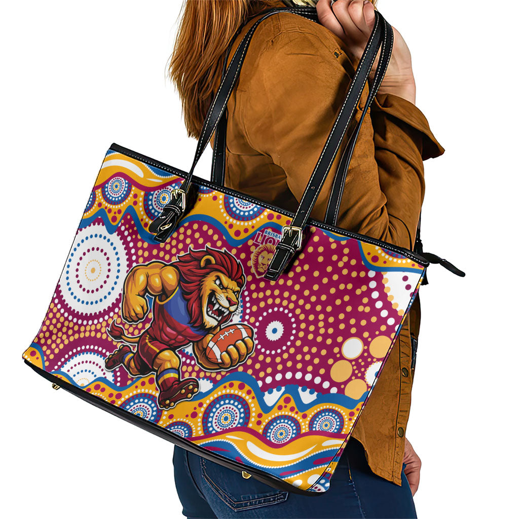 Brisbane Lions Leather Tote Bag Aboriginal Dot Pattern - Football Mascot Heritage Pride