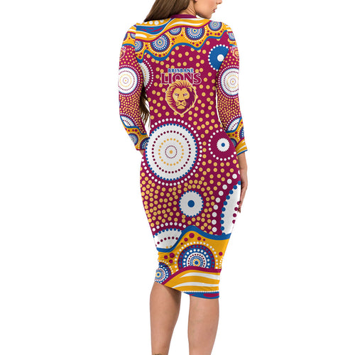 Brisbane Lions Long Sleeve Bodycon Dress Aboriginal Dot Pattern - Football Mascot Heritage Pride