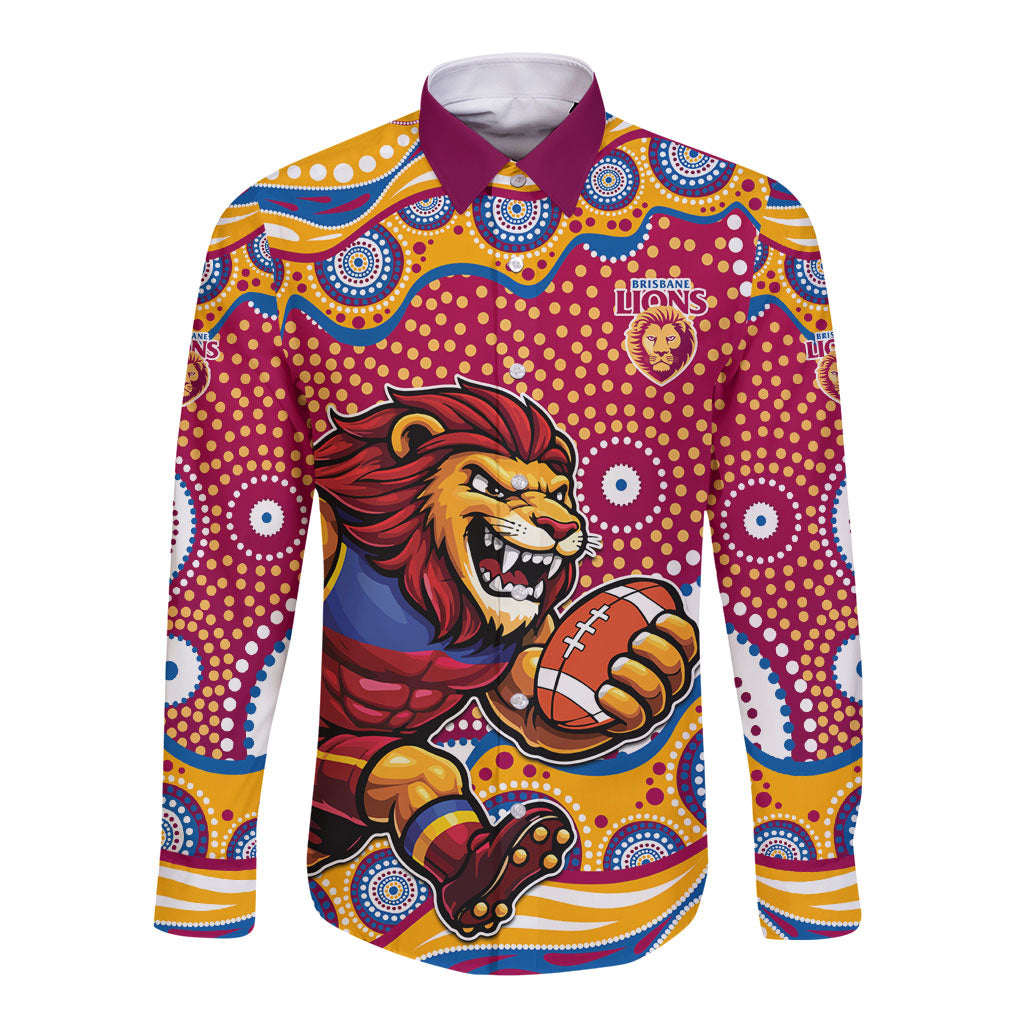 Brisbane Lions Long Sleeve Button Shirt Aboriginal Dot Pattern - Football Mascot Heritage Pride
