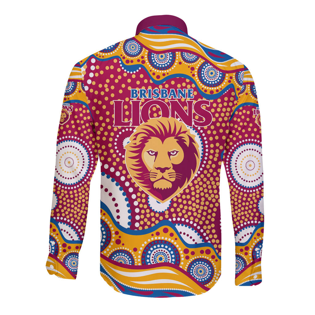 Brisbane Lions Long Sleeve Button Shirt Aboriginal Dot Pattern - Football Mascot Heritage Pride