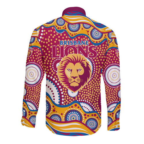 Brisbane Lions Long Sleeve Button Shirt Aboriginal Dot Pattern - Football Mascot Heritage Pride