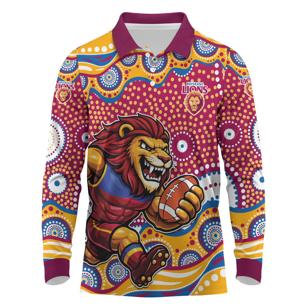Brisbane Lions Long Sleeve Polo Shirt Aboriginal Dot Pattern - Football Mascot Heritage Pride