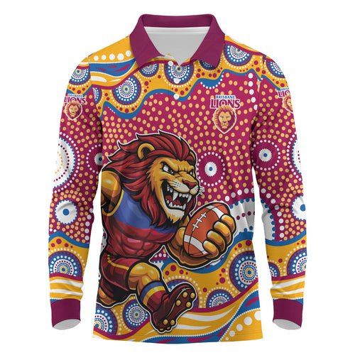 Brisbane Lions Long Sleeve Polo Shirt Aboriginal Dot Pattern - Football Mascot Heritage Pride