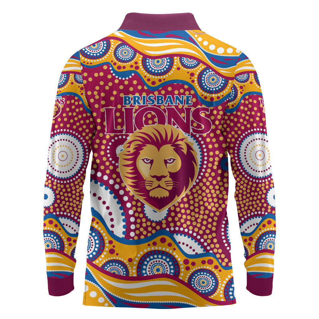 Brisbane Lions Long Sleeve Polo Shirt Aboriginal Dot Pattern - Football Mascot Heritage Pride