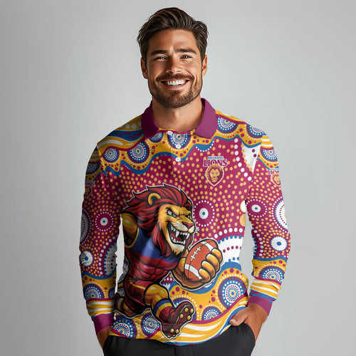 Brisbane Lions Long Sleeve Polo Shirt Aboriginal Dot Pattern - Football Mascot Heritage Pride