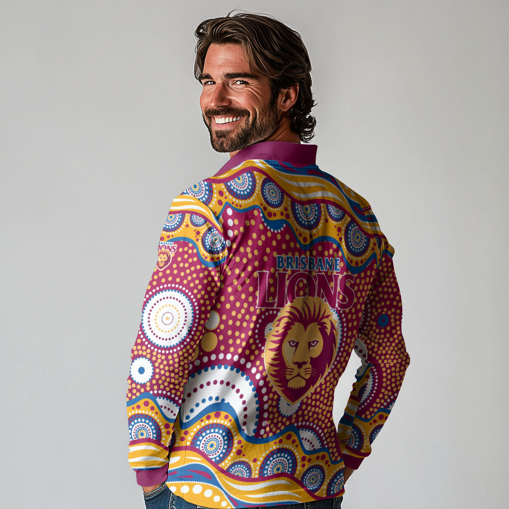Brisbane Lions Long Sleeve Polo Shirt Aboriginal Dot Pattern - Football Mascot Heritage Pride