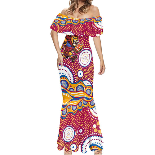 Brisbane Lions Mermaid Dress Aboriginal Dot Pattern - Football Mascot Heritage Pride