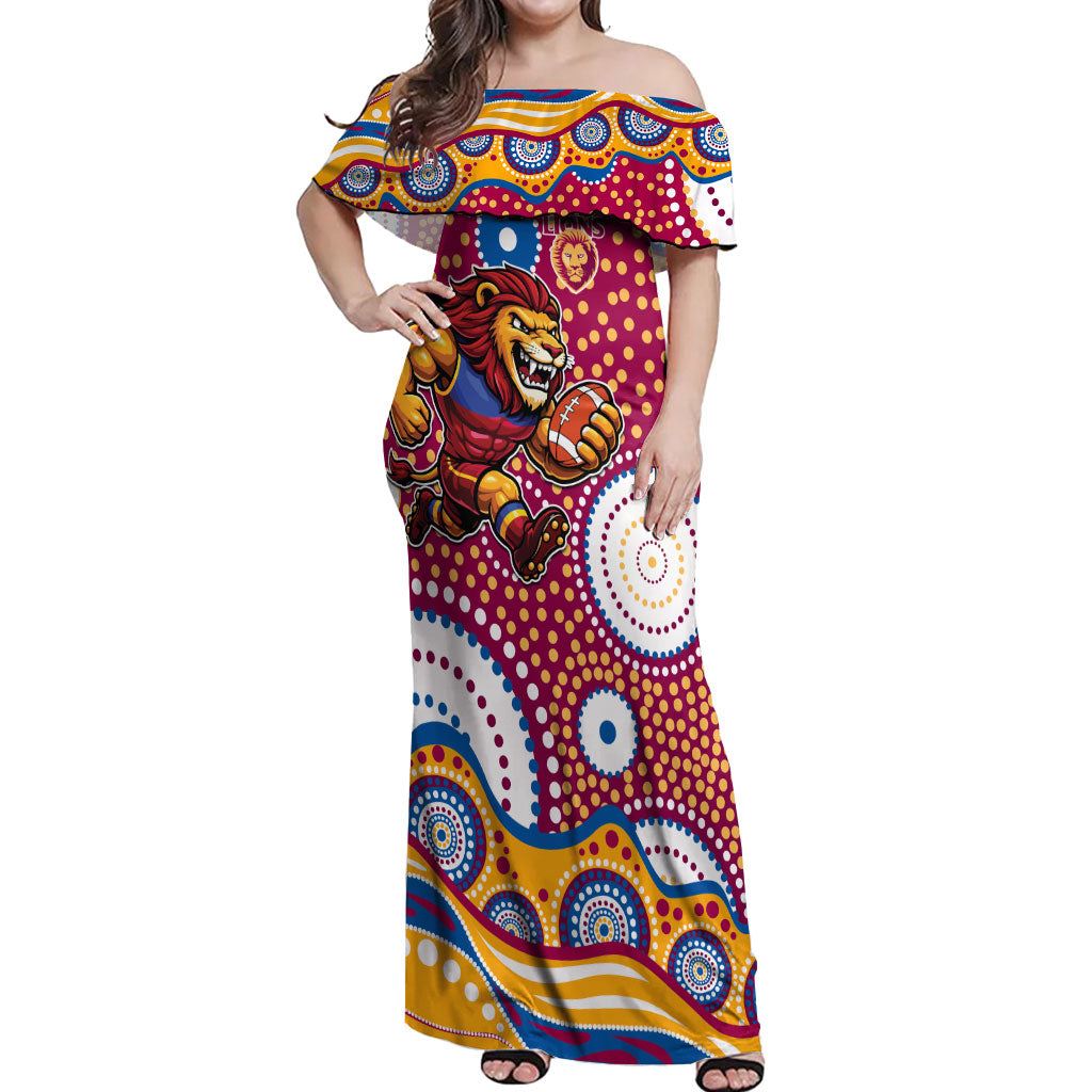 Brisbane Lions Off Shoulder Maxi Dress Aboriginal Dot Pattern - Football Mascot Heritage Pride