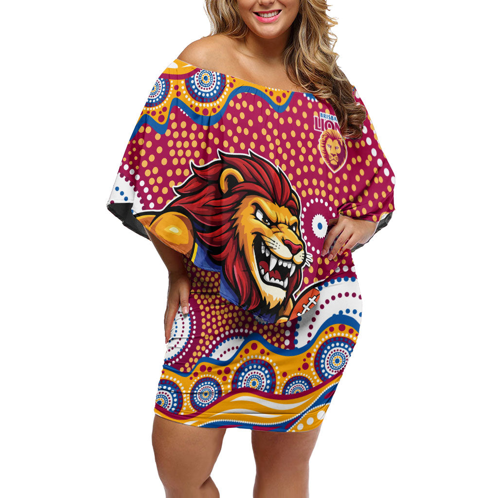 Brisbane Lions Off Shoulder Short Dress Aboriginal Dot Pattern - Football Mascot Heritage Pride