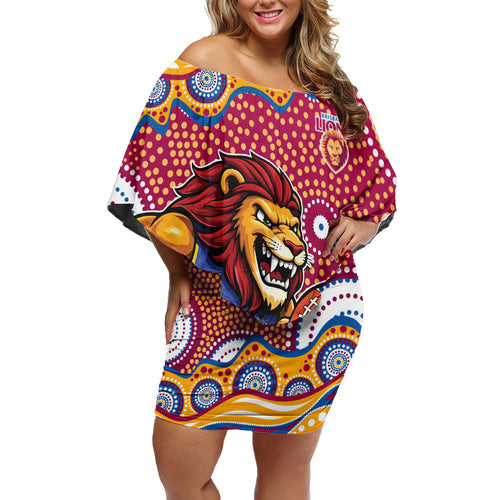Brisbane Lions Off Shoulder Short Dress Aboriginal Dot Pattern - Football Mascot Heritage Pride
