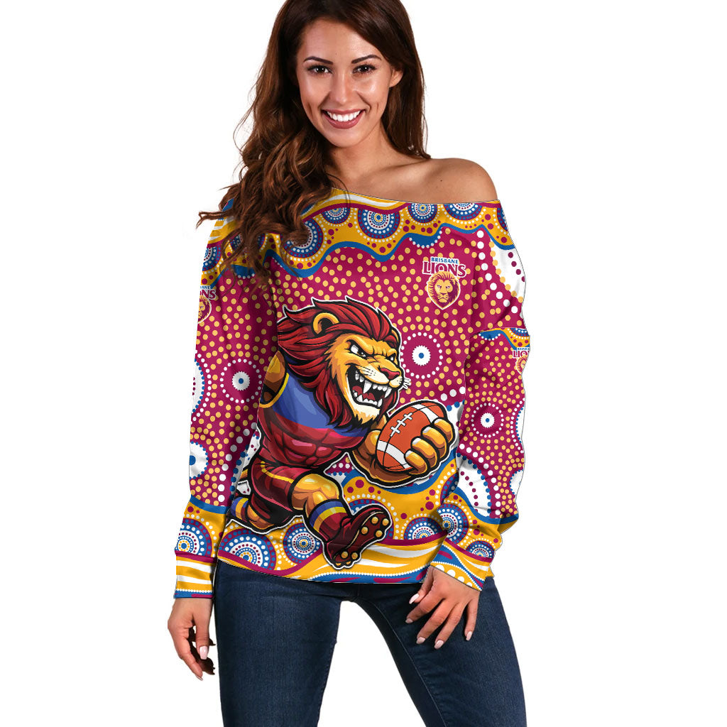 Brisbane Lions Off Shoulder Sweater Aboriginal Dot Pattern - Football Mascot Heritage Pride