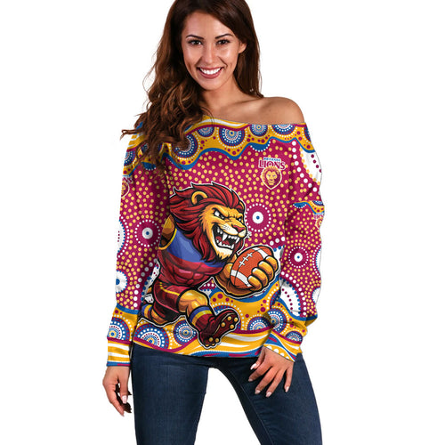 Brisbane Lions Off Shoulder Sweater Aboriginal Dot Pattern - Football Mascot Heritage Pride