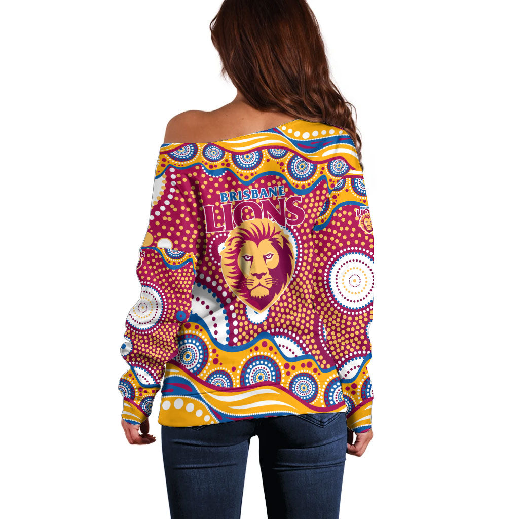 Brisbane Lions Off Shoulder Sweater Aboriginal Dot Pattern - Football Mascot Heritage Pride