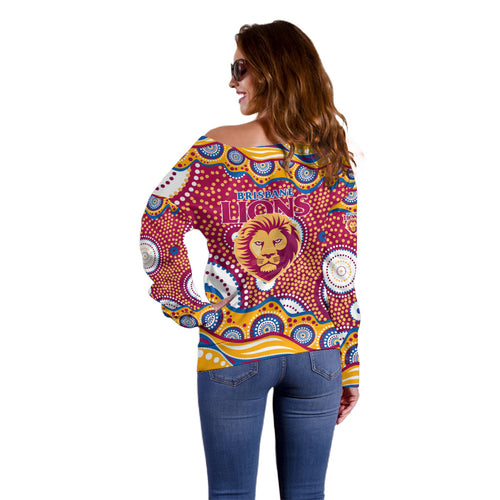 Brisbane Lions Off Shoulder Sweater Aboriginal Dot Pattern - Football Mascot Heritage Pride