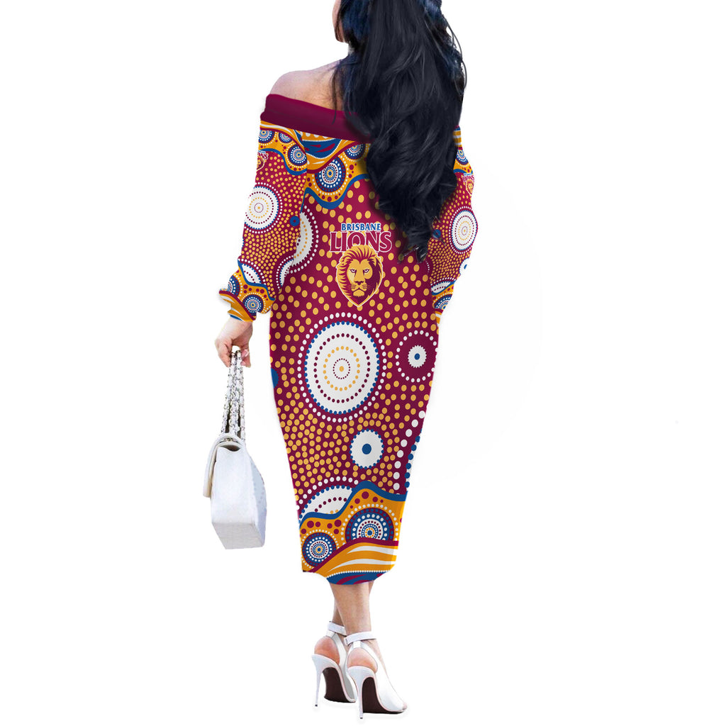 Brisbane Lions Off The Shoulder Long Sleeve Dress Aboriginal Dot Pattern - Football Mascot Heritage Pride
