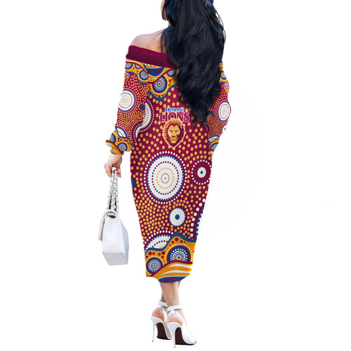 Brisbane Lions Off The Shoulder Long Sleeve Dress Aboriginal Dot Pattern - Football Mascot Heritage Pride