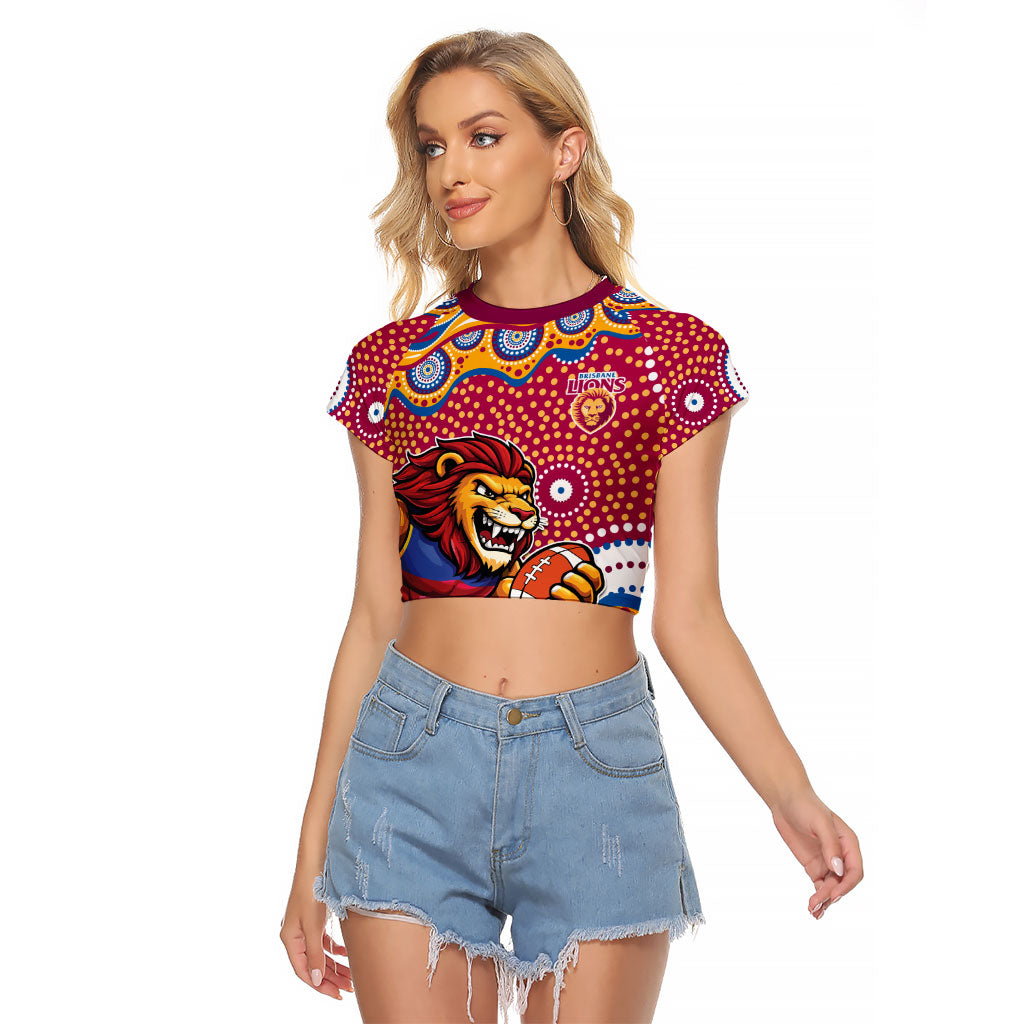 Brisbane Lions Raglan Cropped T Shirt Aboriginal Dot Pattern - Football Mascot Heritage Pride
