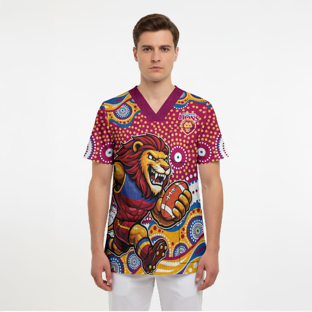 Brisbane Lions Scrub Top Aboriginal Dot Pattern - Football Mascot Heritage Pride