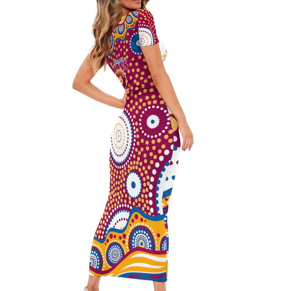 Brisbane Lions Short Sleeve Bodycon Dress Aboriginal Dot Pattern - Football Mascot Heritage Pride