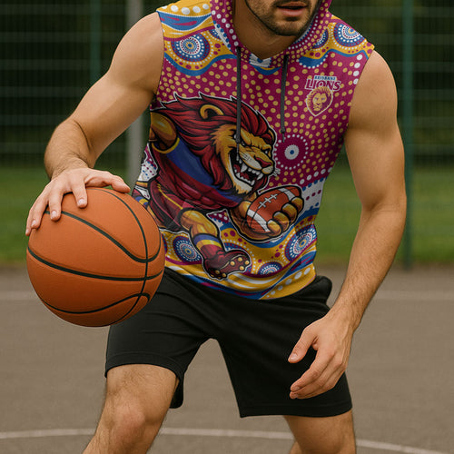 Brisbane Lions Sleeveless Hoodie Aboriginal Dot Pattern - Football Mascot Heritage Pride
