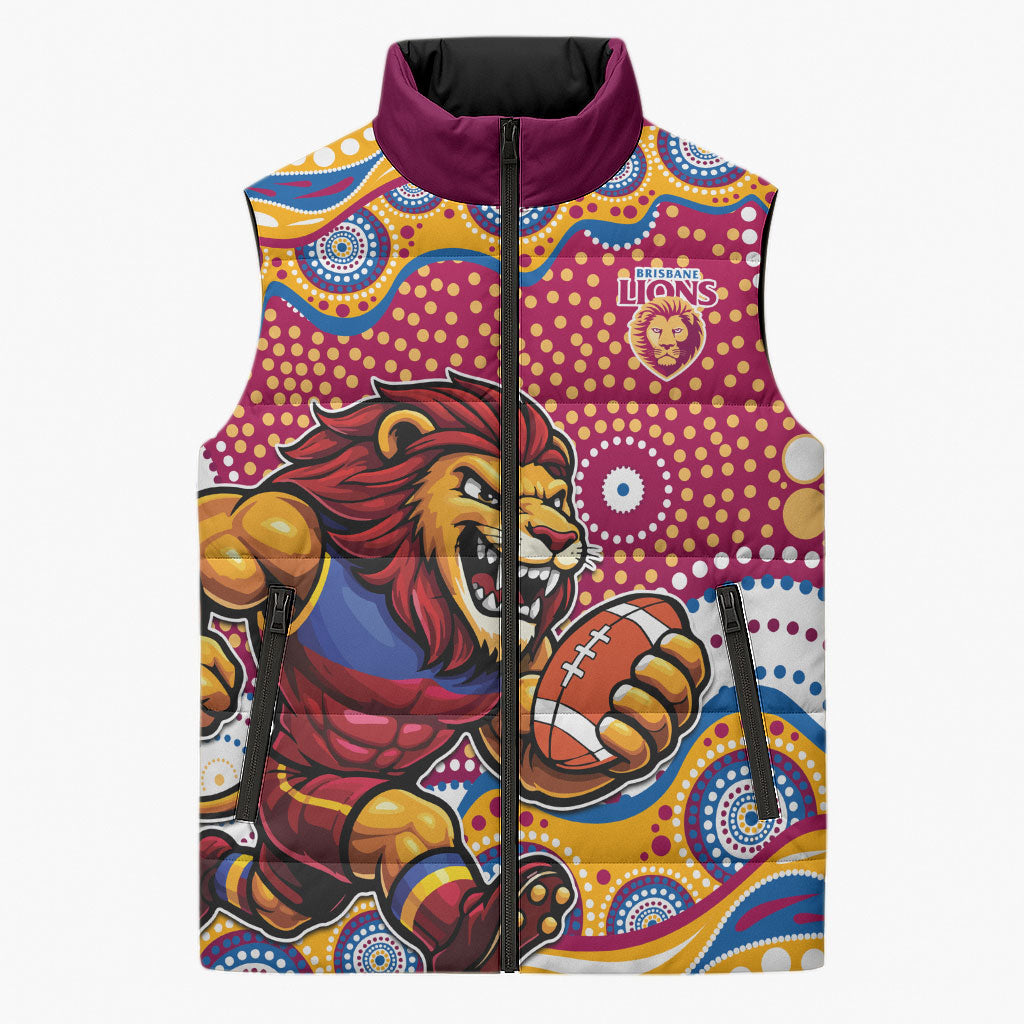 Brisbane Lions Sleeveless Puffer Jacket Aboriginal Dot Pattern - Football Mascot Heritage Pride