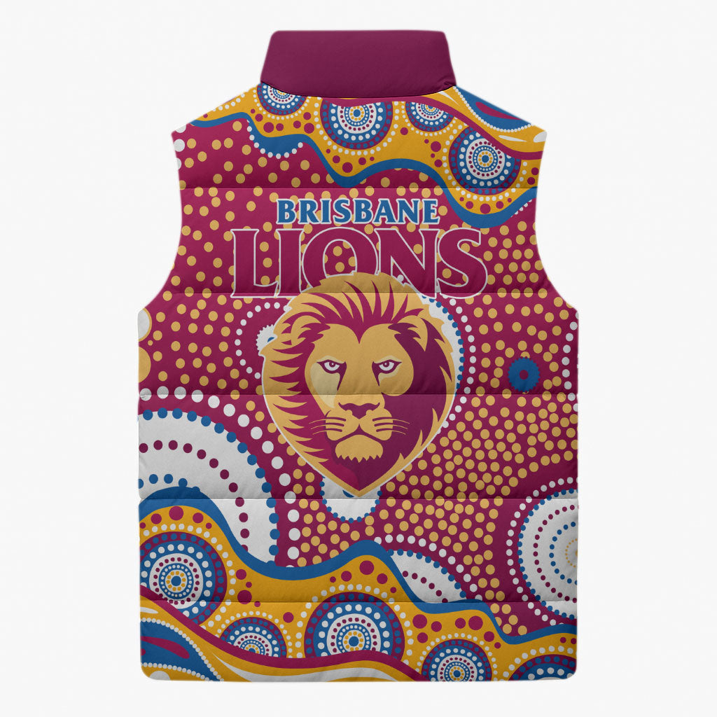 Brisbane Lions Sleeveless Puffer Jacket Aboriginal Dot Pattern - Football Mascot Heritage Pride