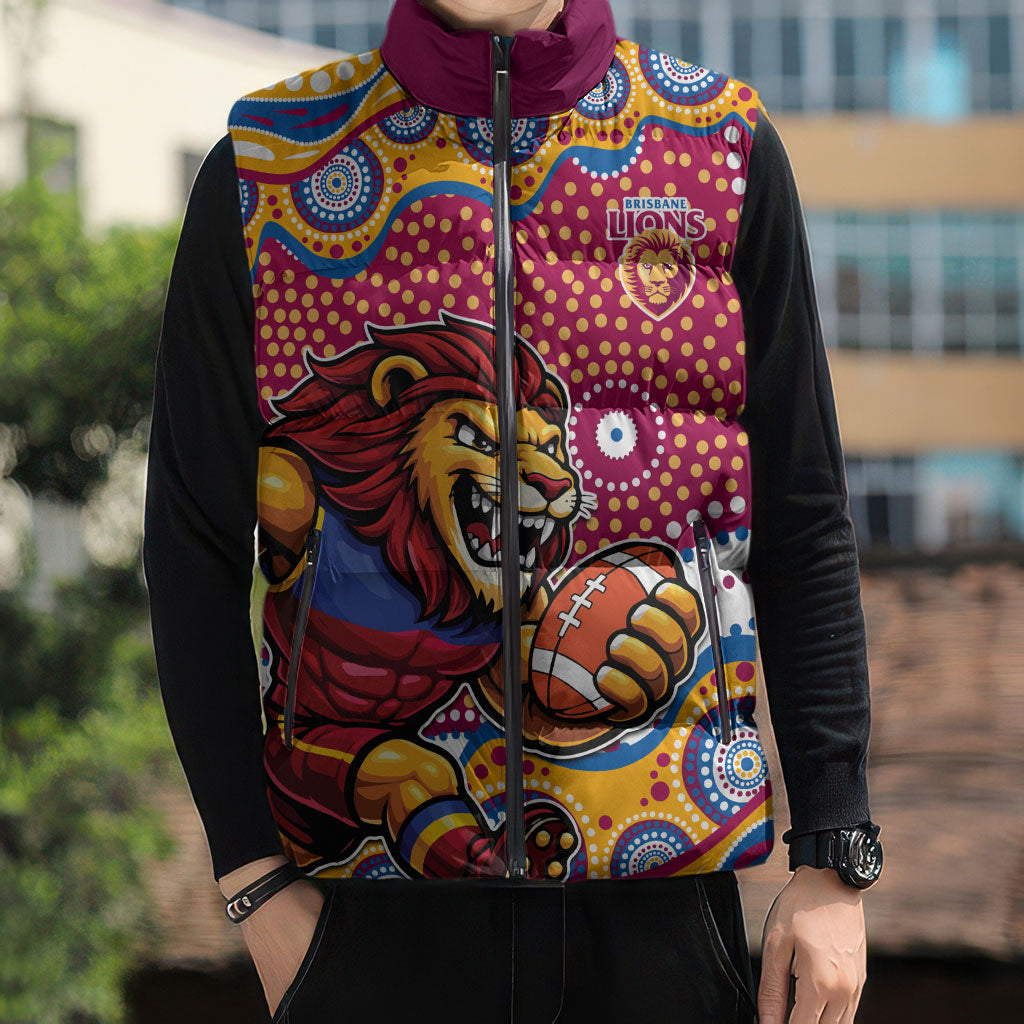 Brisbane Lions Sleeveless Puffer Jacket Aboriginal Dot Pattern - Football Mascot Heritage Pride